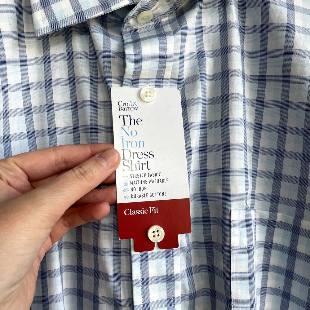 NWT Croft & Barrow blue white checkered button down shirt men's size 16.5 34/35 - Picture 4 of 8